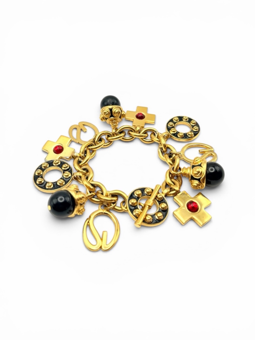 Vintage St. John Gold Tone Charm Toggle Bracelet – Black Enamel Cross SJ  7.5”